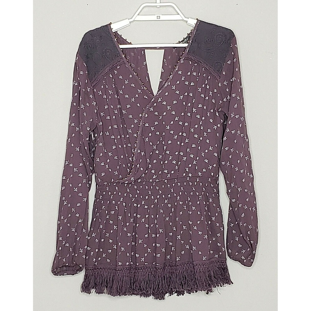 Miss Me Womens Top Small L/S Dark Purple V-Neck Back Elastic Waist Fringe Trim